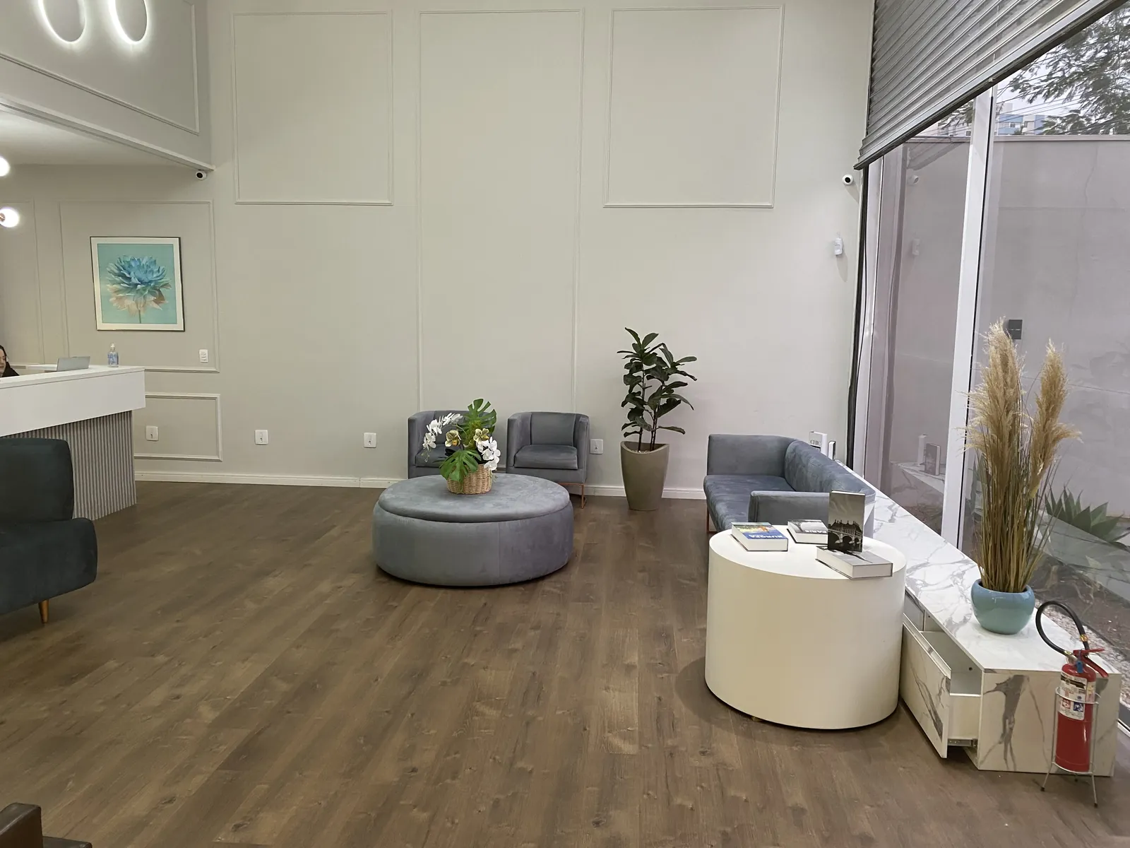 Recepção da clínica Visão: balcão à esquerda, poltronas cinza, mesa de centro branca, planta e piso de madeira